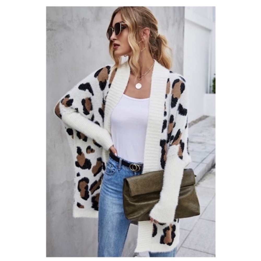 Leopard Print Open Front Cardigan, White/Brown - Picture 3 of 11